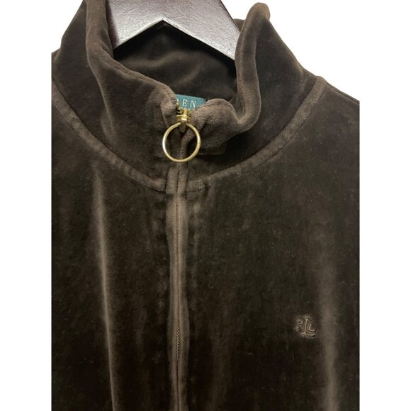 Ralph Lauren Women's Track Jacket Brown Velour Full Zip Long Sleeve Size Large - Picture 2 of 9
